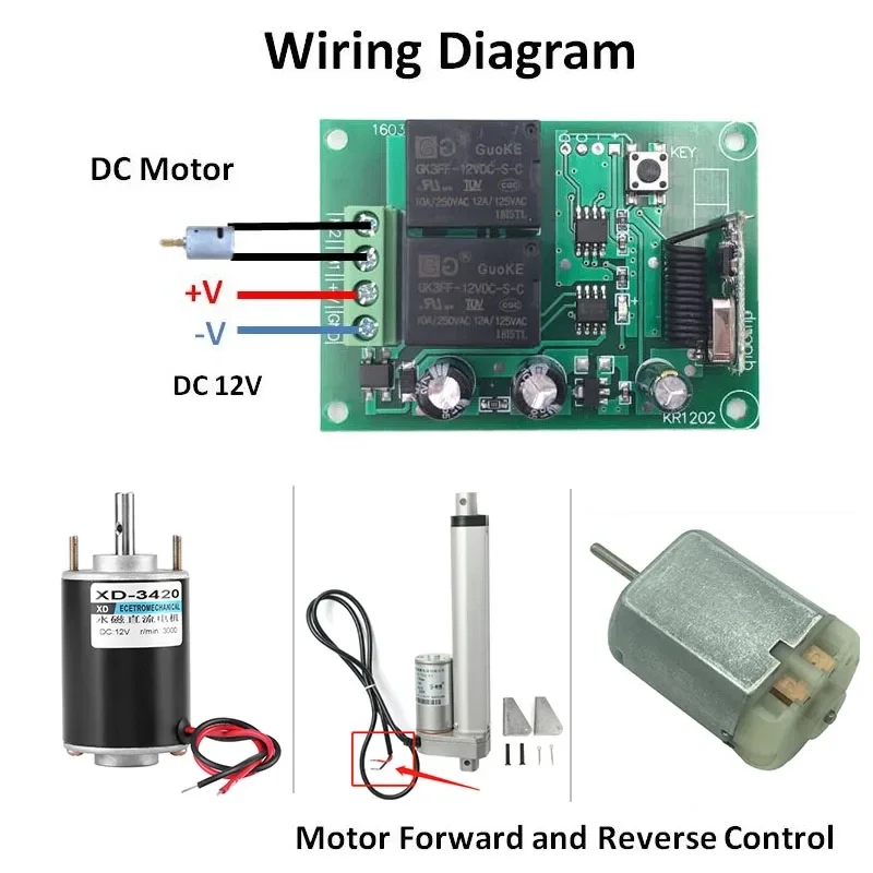 Remote Control 433Mhz DC 12V 2CH RF Relay Receiver and Transmitter for Garage Remote Control and Change Motor Positive negative