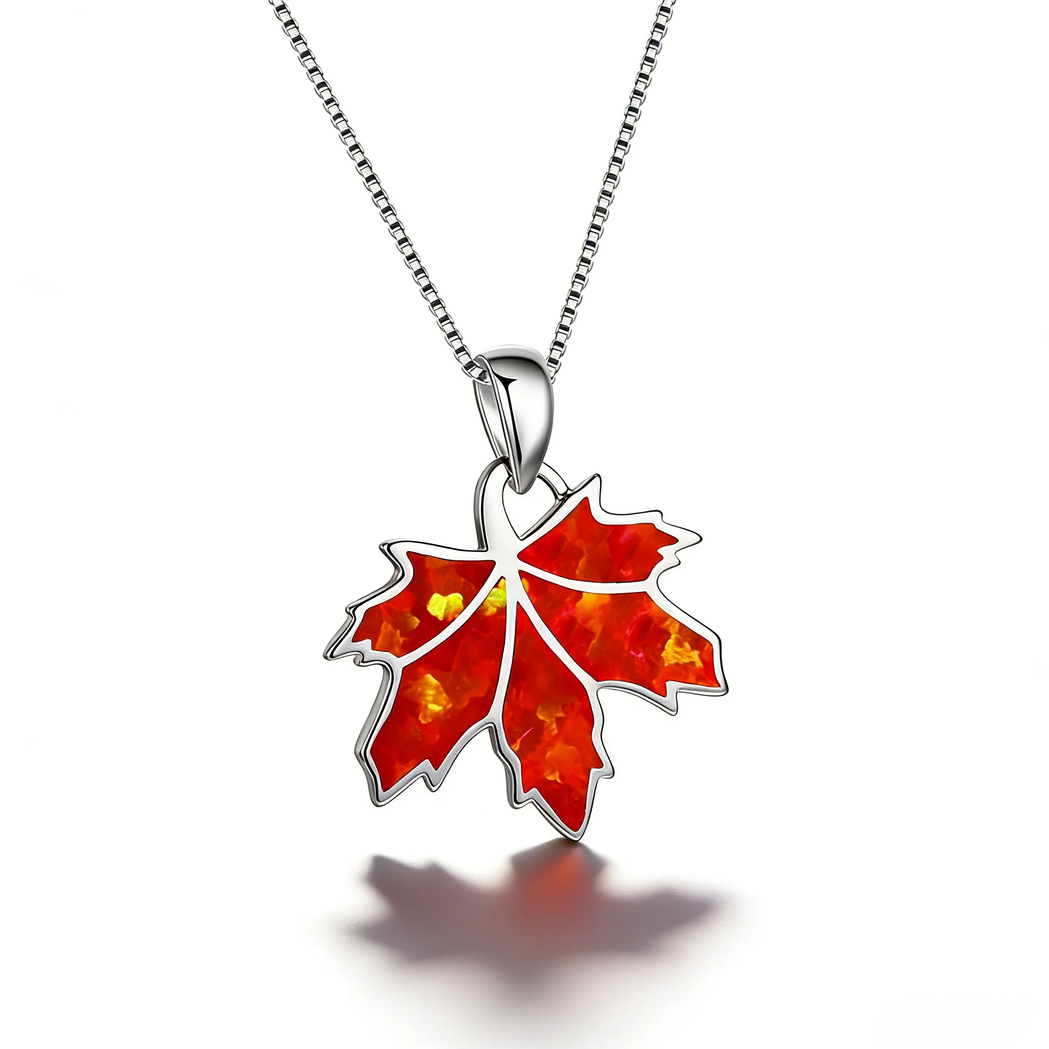 Elegant Maple Leaf Pendant Necklace,Red Orange Synthetic Opal Leaf with Sparkling Details,Silver Chain Dainty Jewelry for Women