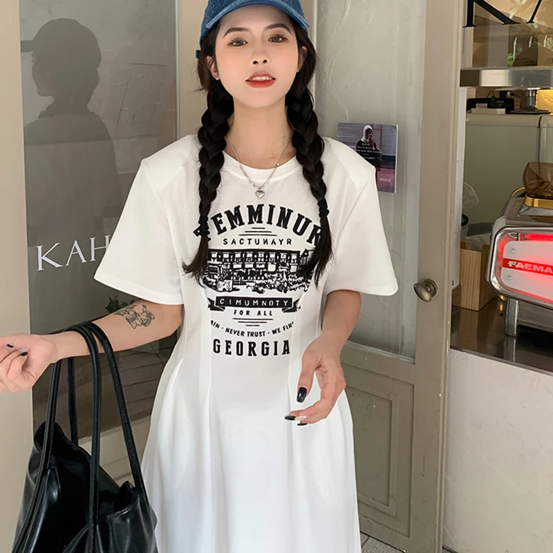 Women's Vintage Letter Waist Dress 2023 New Summer Print Slim Long T-Shirt Dress Female Korean High Waist Elegant Pullover Dress