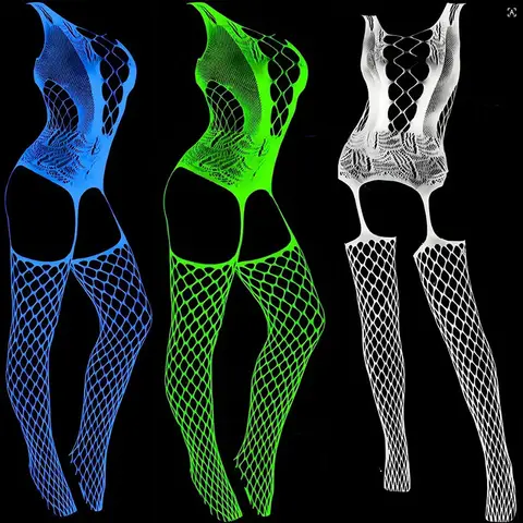 Glow in the Dark Sexy Lingerie Bodysuits Catsuit Women Transparent Crotchless Sex Clothes Stockings Body Dolls Hot Erotic
