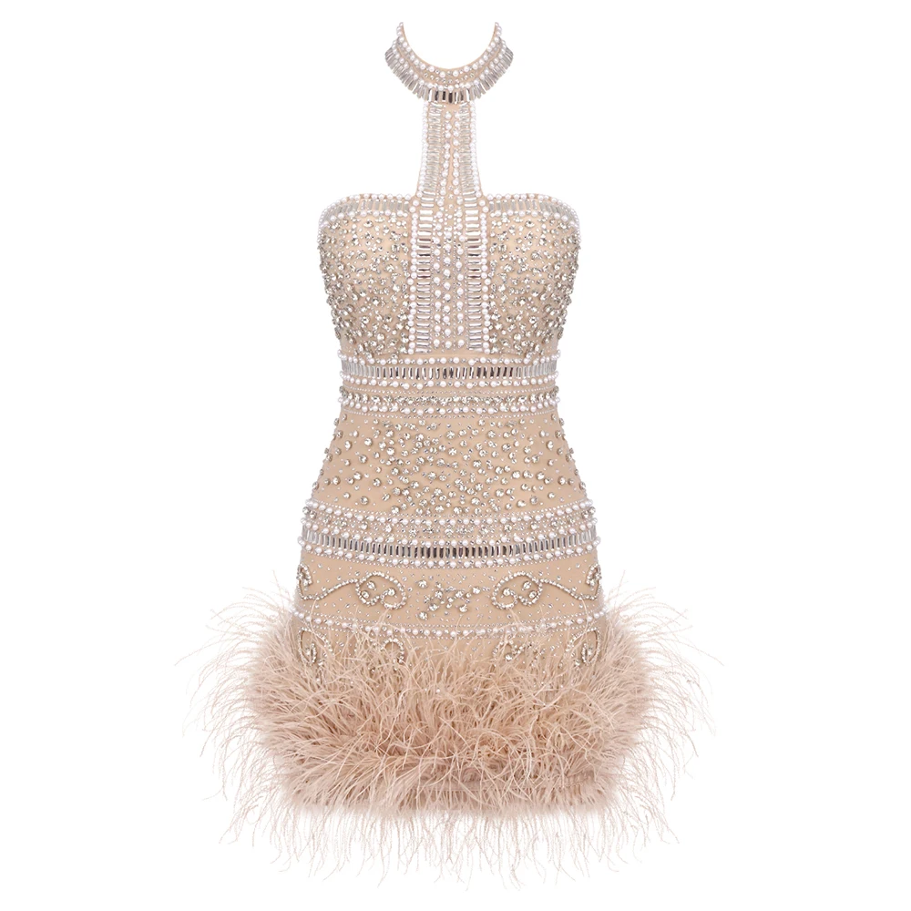 VC Beige Feather Diamonds Embellished Pearls Beading Sleeveless Halter Mini  Dress for Women Cocktail Party Wear Vestidos - AliExpress 200000345