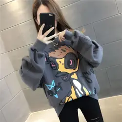 2023 New Korean Loose Pullover Printed Cartoon Hoodies All-match Spring Autumn Solid Color Round Neck Long Sleeve Casual Tops