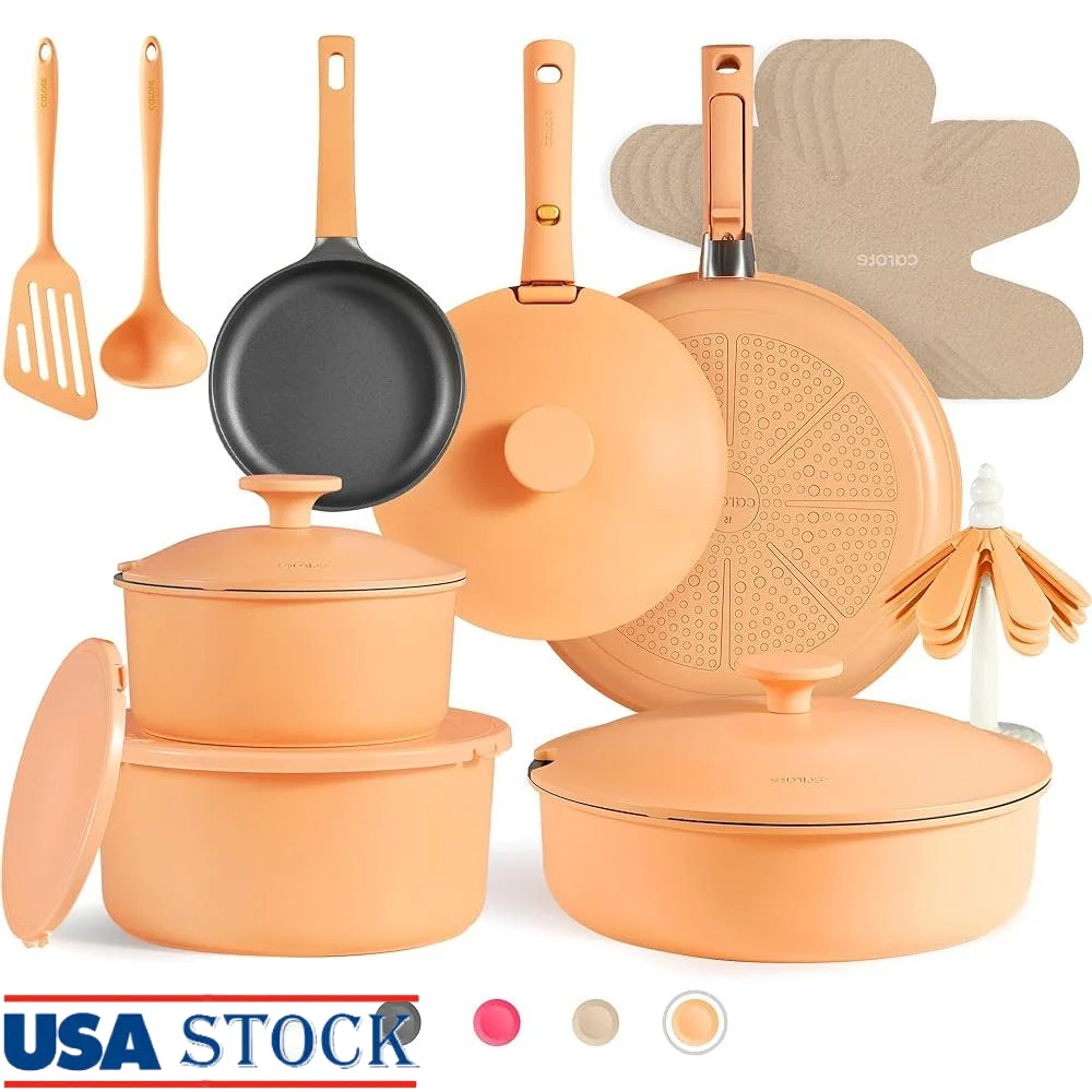 

24pcs Nonstick Cookware Set Detachable Handle Pots Pans Dishwasher Safe Oven Fridge RV Safe Granite Cookware Space Saving