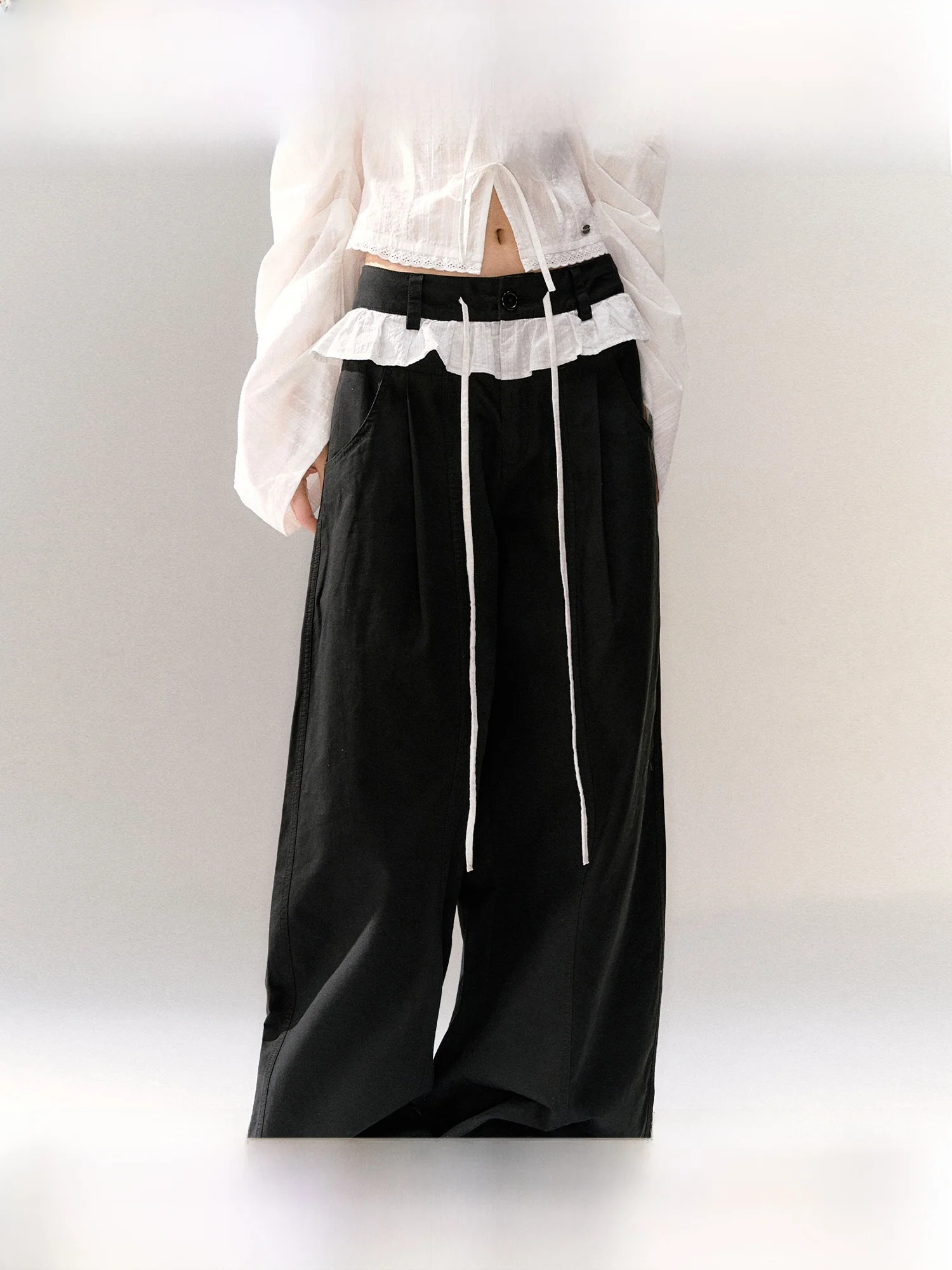 Black Lace Trim Casual Pants Women's High Waist Straight Leg Drapey Fake Two-Piece Korean Style Simple Design Polyester Blend