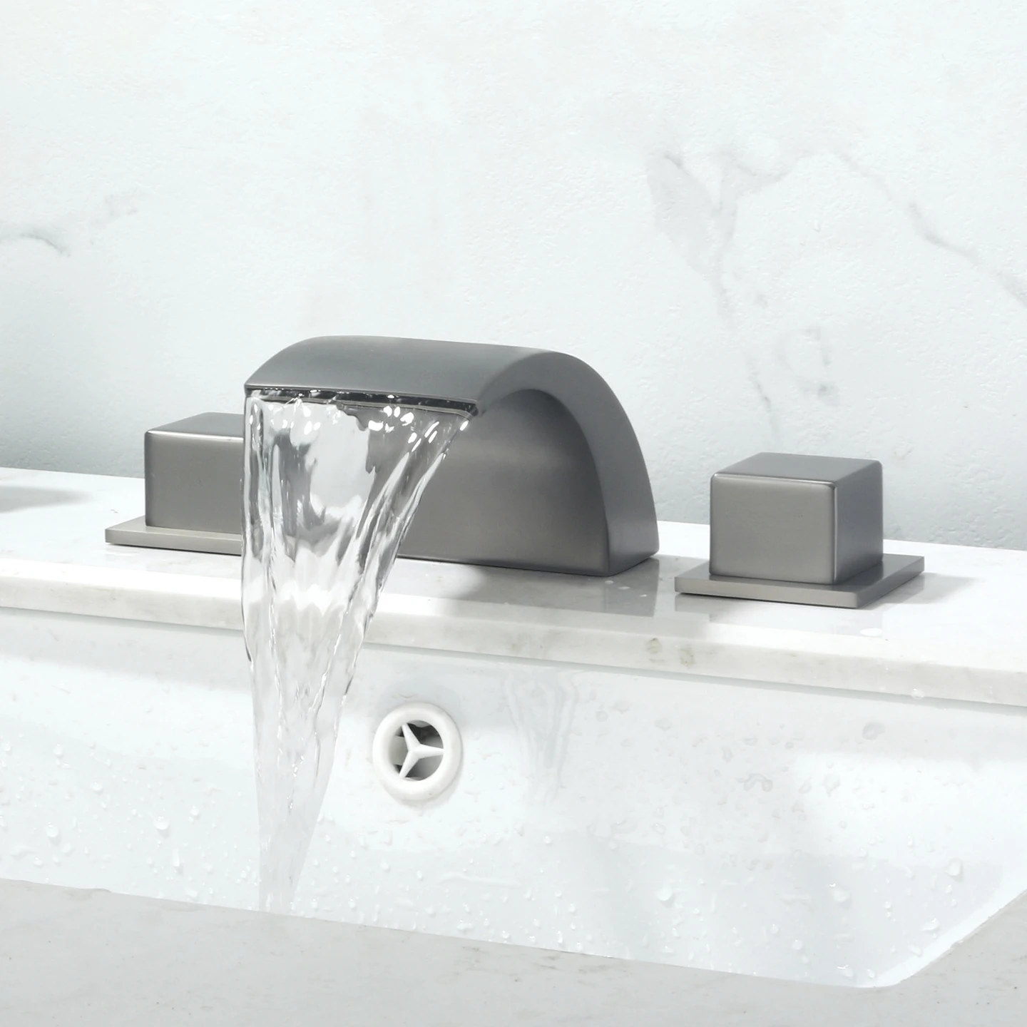 

8 Inch Bathroom Waterfall Sink Faucet Deck Mounted Three Hole Vanity Sink Faucet Dual Handle Hot and Cold Mixer Taps Gray