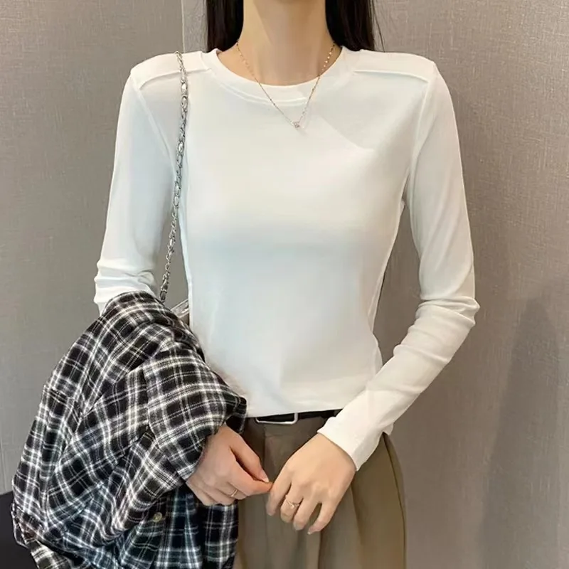 Fashionable Long Sleeve Fishbone Neck Tshirt Women's Shoulder Width Regular Fit round Neck Base White Outerwear Top