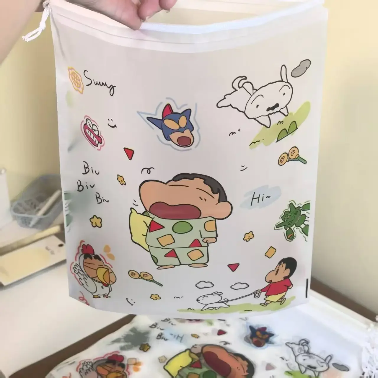 Crayon Shin‑chan Drawstring Shoe Bag Portable Waterproof Travel Storage Pouch Luggage Organizer Shoes Clothes Sorting Pouch