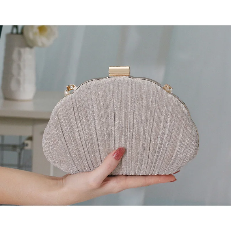 New Style Evening Bags Women 2023 Pleated Banquet Bag Ladies Handbag Shell Clutch Purse Pearl Handle Bags Over Shoulder Wallets