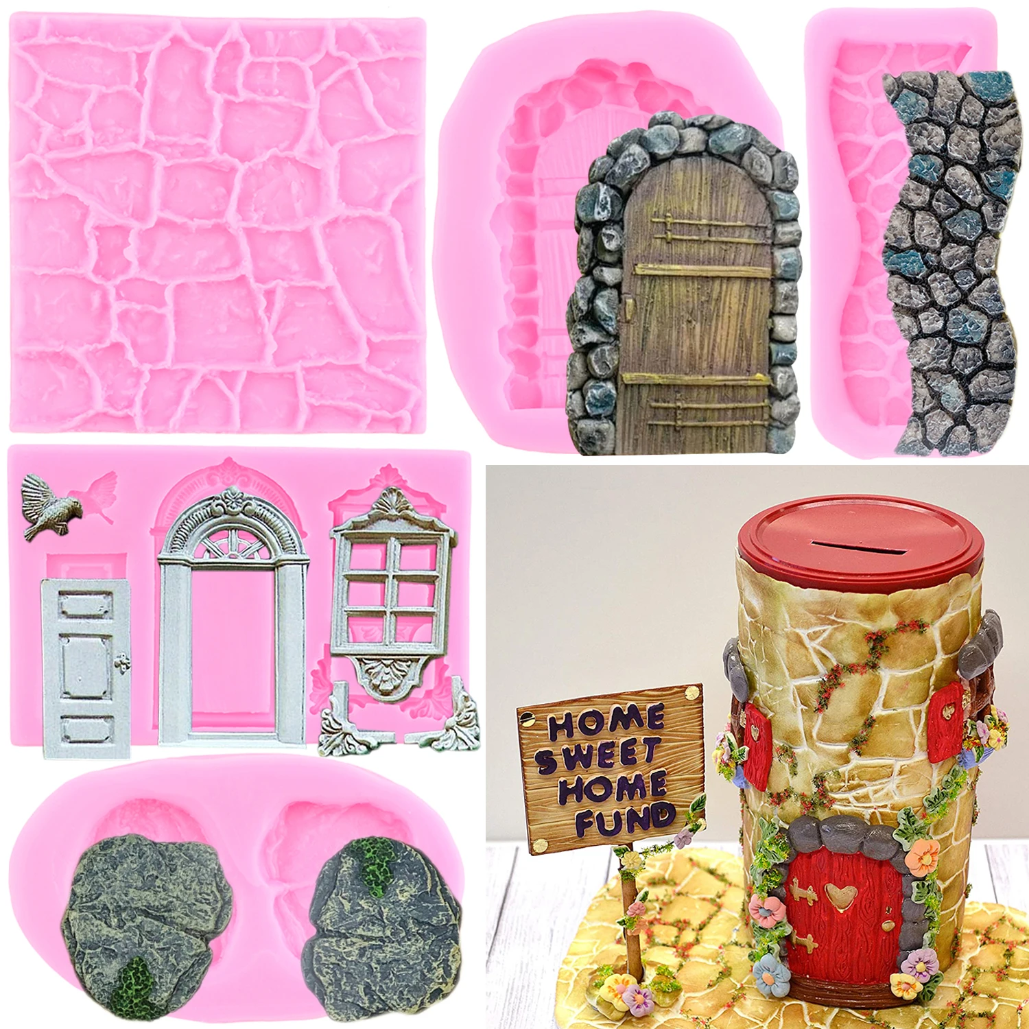 Fairy Garden Door Window Silicone Molds Stone Path Fondant Mold Cake Decorating Tools Chocolate Mould Candy Resin Clay Moulds