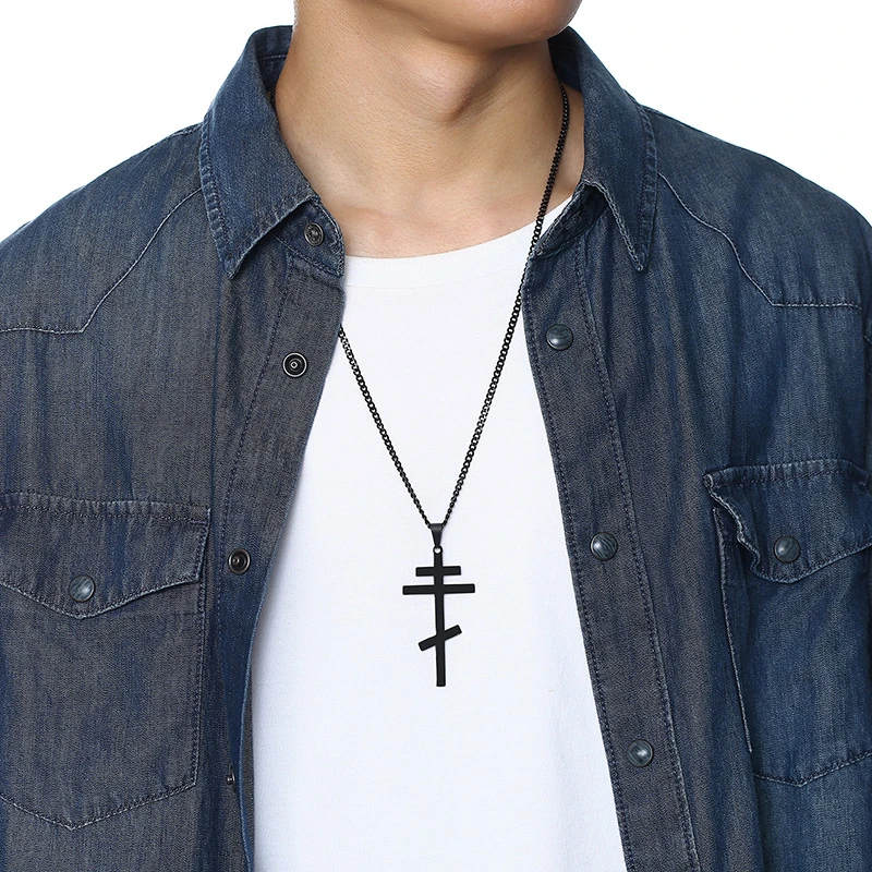 Christian Russian Orthodox Cross Pendant Necklace Prayer Big Pendant Black Color INRI Crucifix Cross Pendant Necklace Men