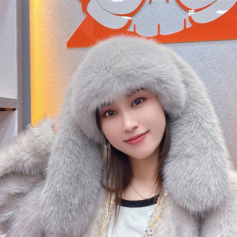 Autumn Winter Women Keep Warm Faux Fox Fur Long Ears Basin Cap Female Fashion Casual Party Music Festival Thickened Bucket Hat