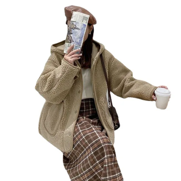 Cappotti in lana di agnello Giacche a maniche lunghe con cappuccio da donna Cappotto monopetto di media lunghezza Autunno Inverno Capispalla con punto aperto solido