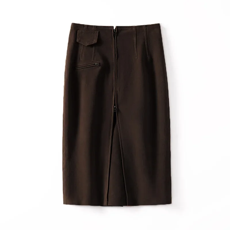 2025 Spring Suede Leather Skirt Women Genuine Lambskin Wrap Knee Length Pencil Skirt Back Split