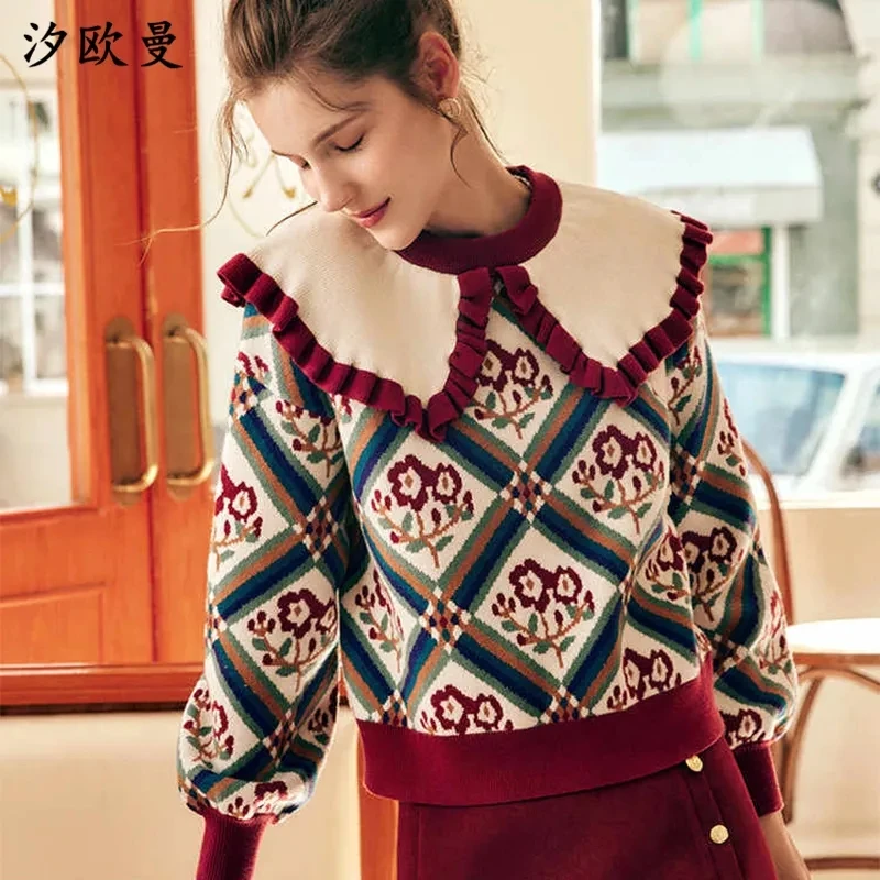 Y2KtrendVintage Red French Turtleneck Women'S Spring And Autumn New High-Grade Diamond Check Long-Sleeved Sweater Top