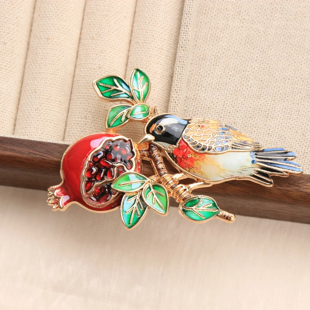 Baroque Luxury Pomegranate and Magpie Enamel Brooch for Men and Women, Jewelry and Accessories, Wedding,Holiday, and Party Gifts