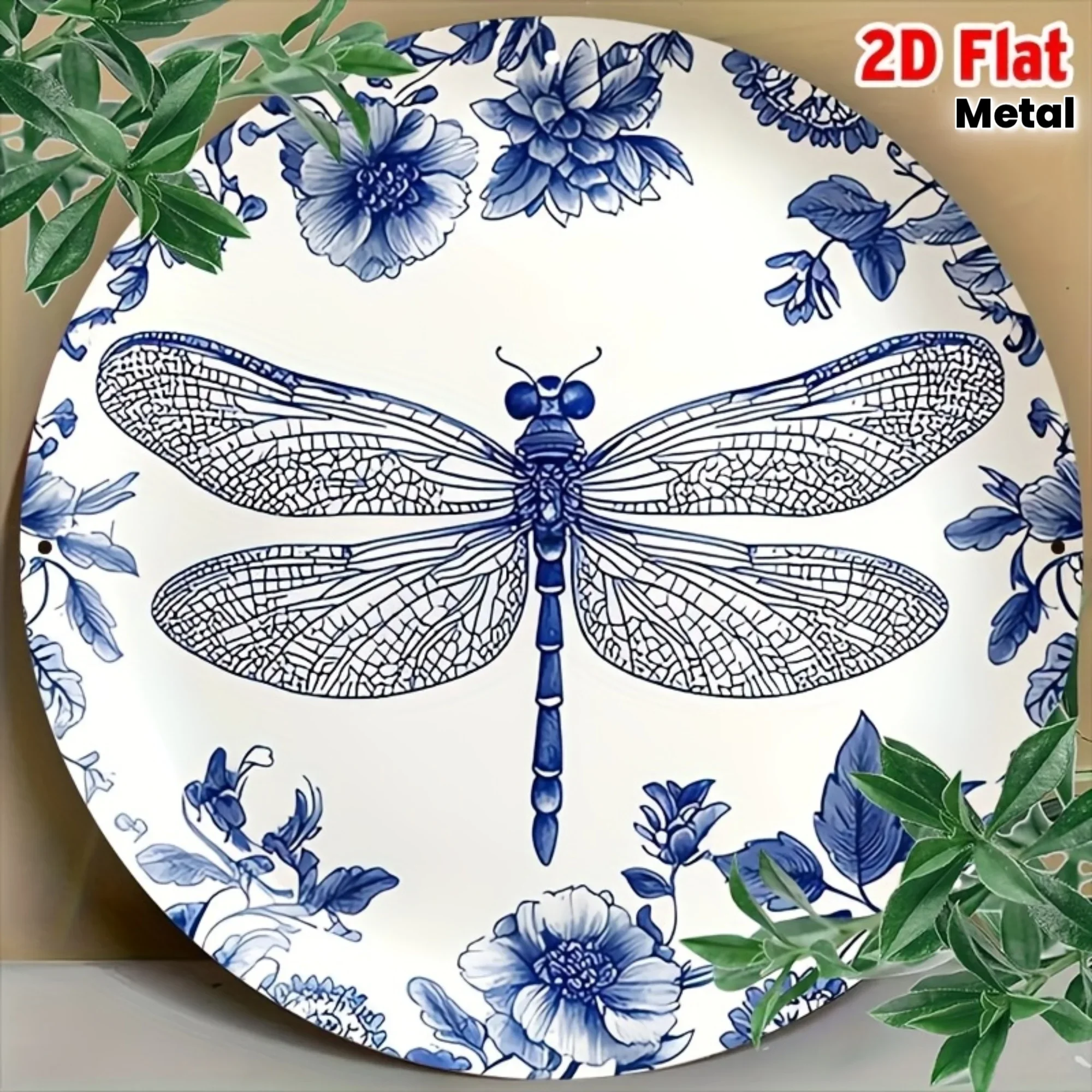 1pc Round Room Decoration Blue And White Porcelain Dragonfly Plate Design Aluminum Sign - Floral Wreath Metal Wall Art