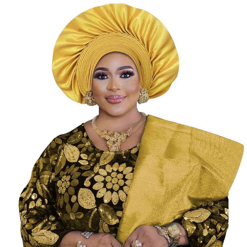 

African Female Fan-shaped Auto Gele Alrady Made Headtie for Women Lady Headwraps Wedding Party Head Ties Female Turban Cap Hats