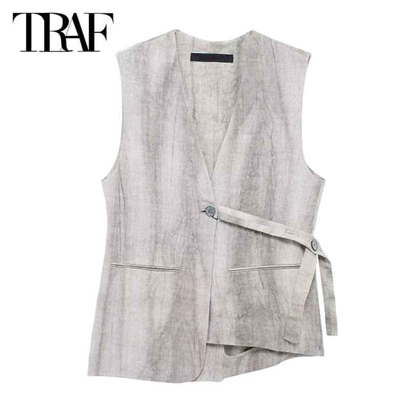 TRAF Top Women 2024 Summer Long Tanks Vest Top Ladies Fashion Casual Elegant Youth Vintage Grey Sleeveless Women Vest Tops