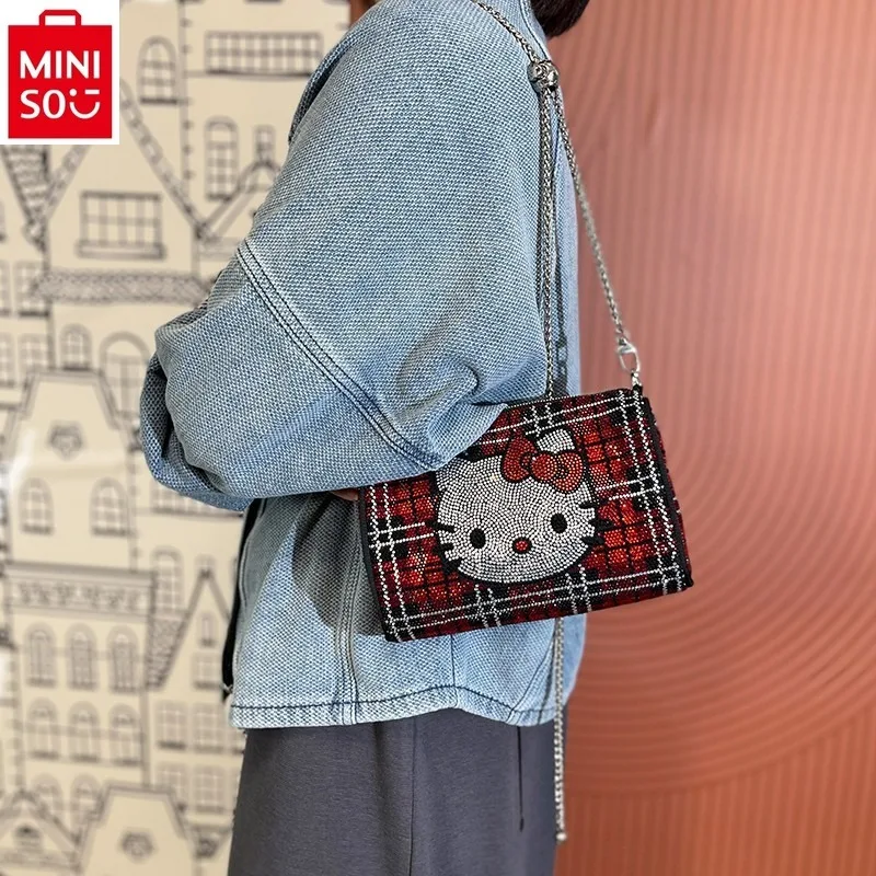 

MINISO hello kitty checkered diamond crossbody bag for women's fashionable and high-quality versatile mobile phone chain bag