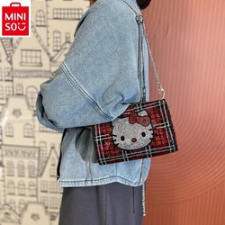 MINISO hello kitty checkered diamond crossbody bag for women's fashionable and high-quality versatile mobile phone chain bag