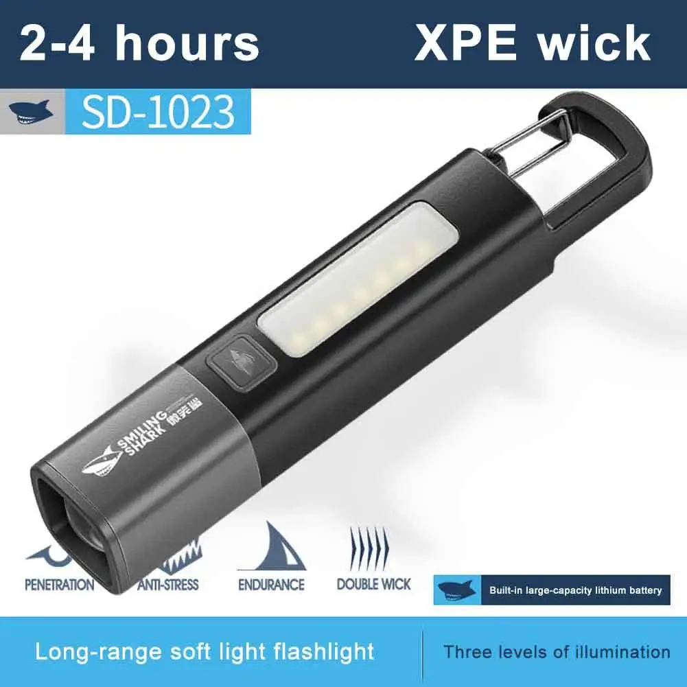 Smiling Shark SD1023 LED Torch Light XPE Super Bright Flashlight with Hook Camping Light USB Rechargeable Zoomable Waterproof