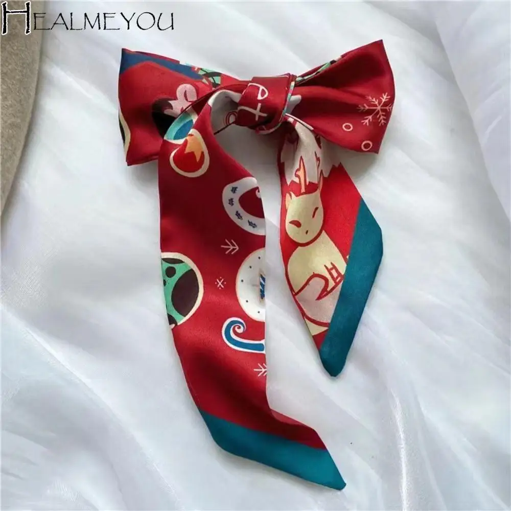 

Ribbon Headband Christmas Silk Scarf Printed Santa Claus Long Scarf Hair Tie Collocation Clothing Accessories New Year Scarf