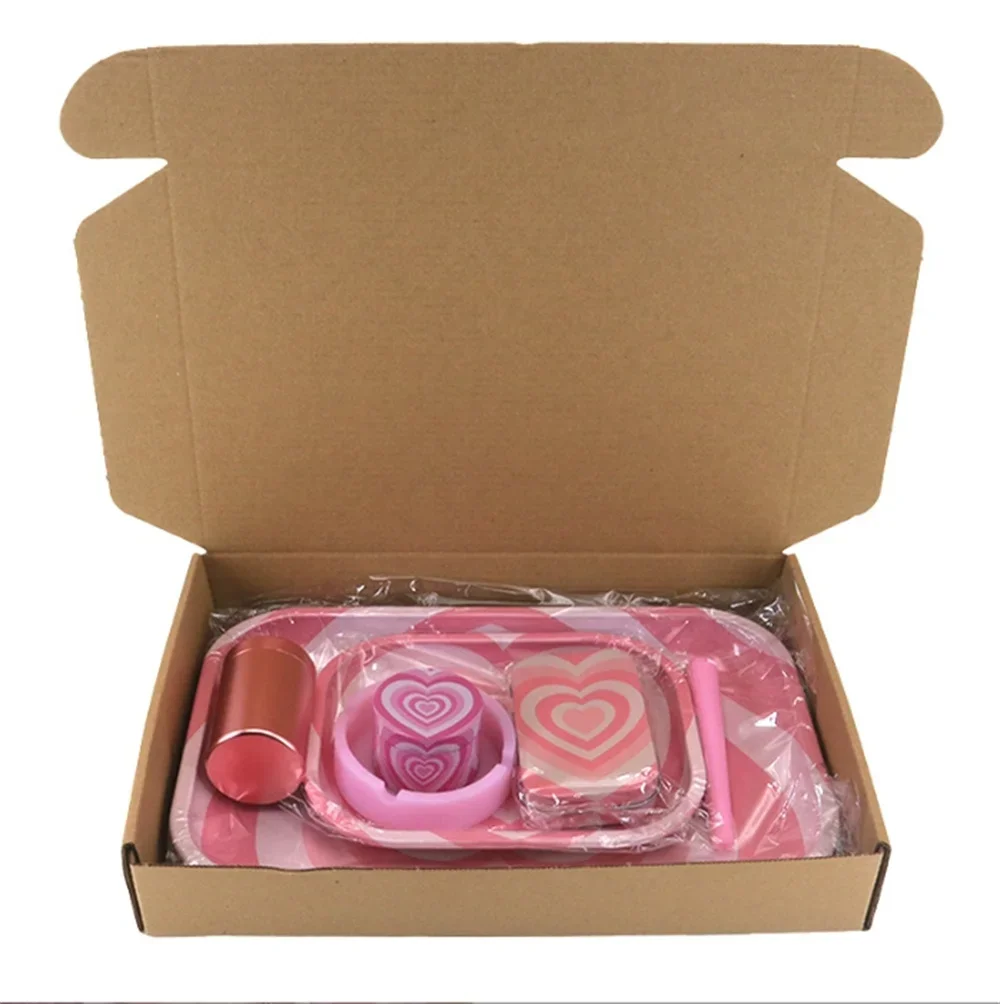 7 قطعة/المجموعة الوردي الحب نمط التدخين مجموعة المعادن صينية لف التبغ عشب العشبية طاحونة منفضة سجائر القصدير صندوق الهدايا التدخين التبعي #4