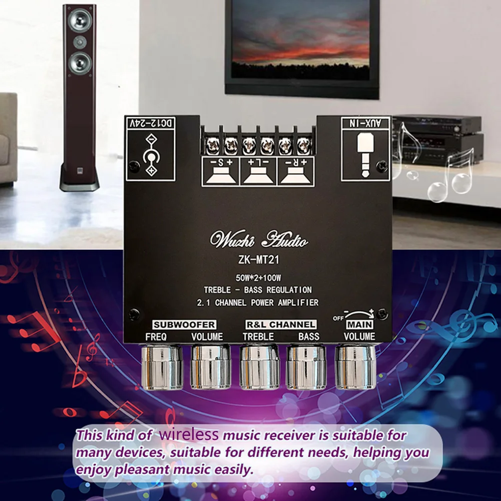 ["ZK-MT21 2x50W + 100W 2.1 채널 블루투스 5.0 서브우퍼 디지털 파워 앰프 보드 가정용 AUX 12V 24V 오디오 스테레오 베이스 앰프"]