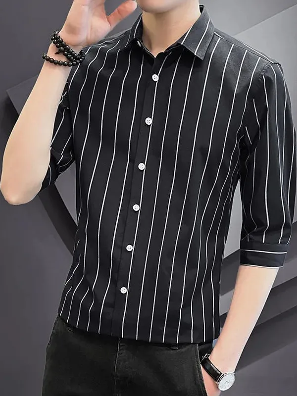 

Мужская повседневная рубашка из ледяного шелка в полоску, с коротким рукавом, Sea Soul, новая модель, с рукавом три четверти, приталенная, стильный вид