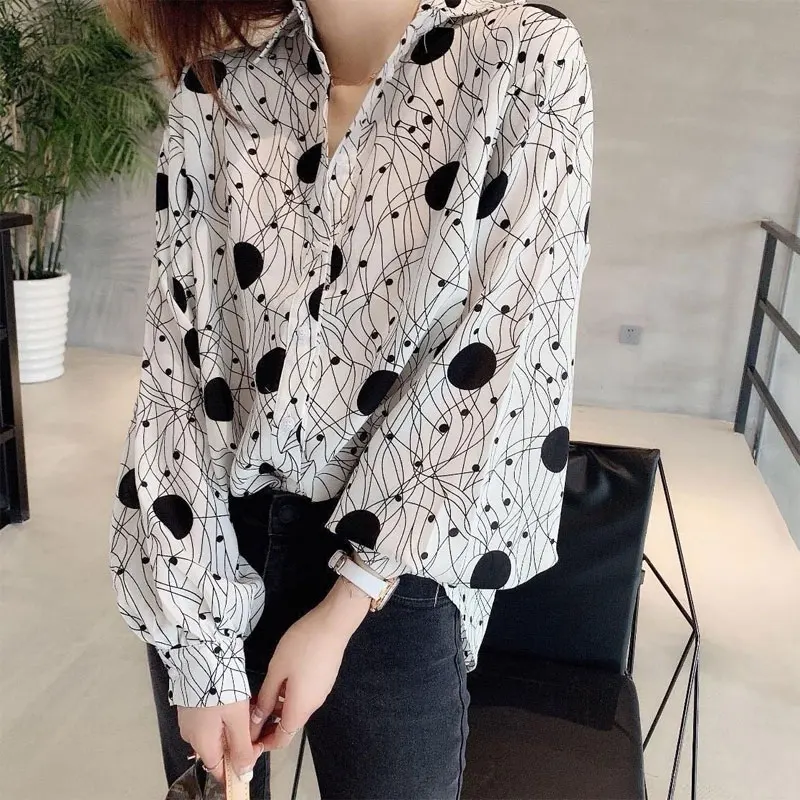 Office Lady Korean Dot Printed Shirt Spring Autumn Casual Loose Female Clothing Long Sleeve Fashion Basic Single-breasted Blouse