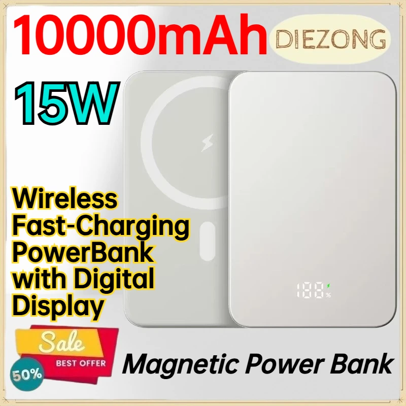 10000mAh 15W Magnetic Power Bank for IPhone Android Mobile Phone Wireless Fast‑Charging PowerBank with Digital Display