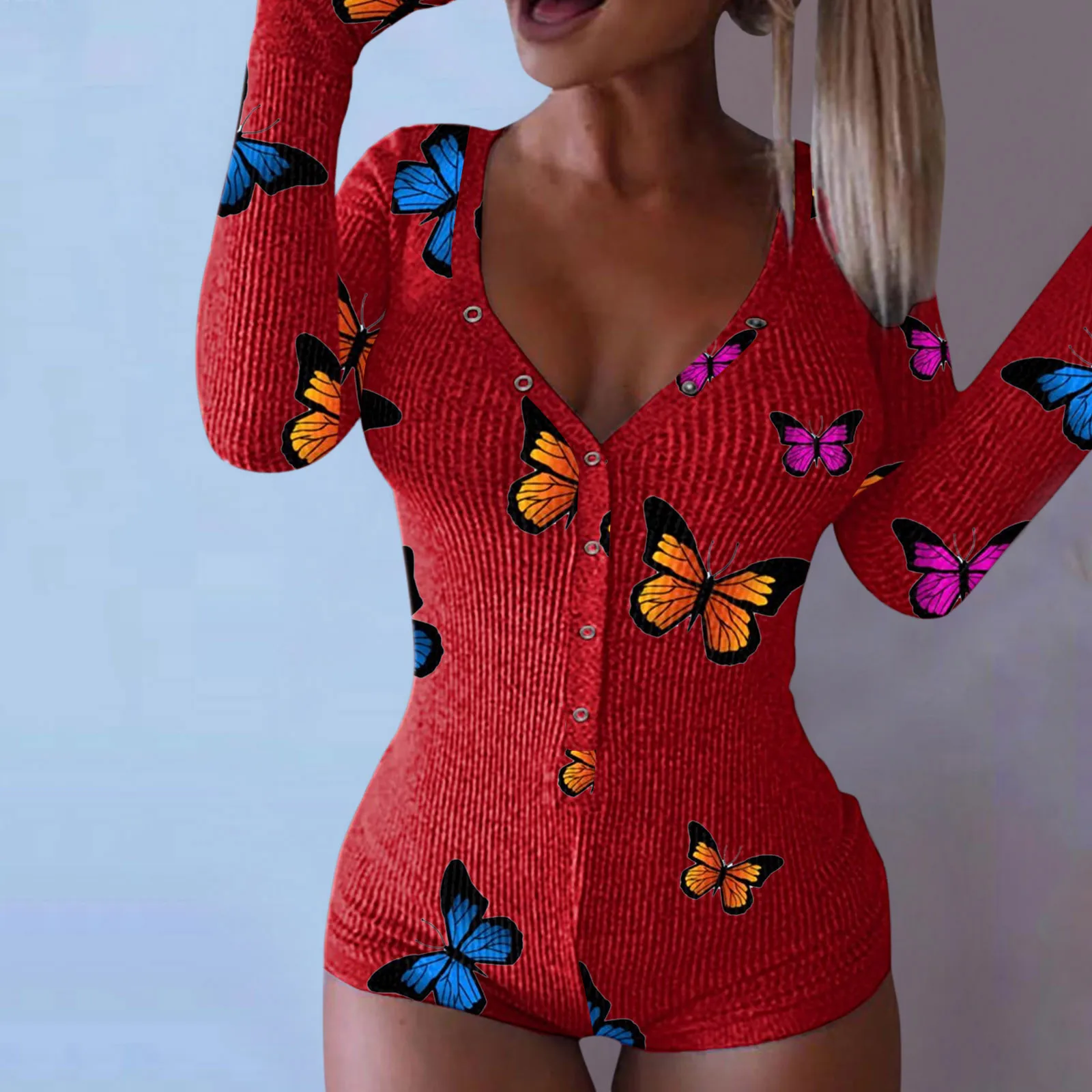 

Deep V Long Sleeve Playsuit Romper Stretchy Onesies Open Butt Buttoned Flap Lip Print Nightwear Sexy Women Long Pajama Jumpsuits