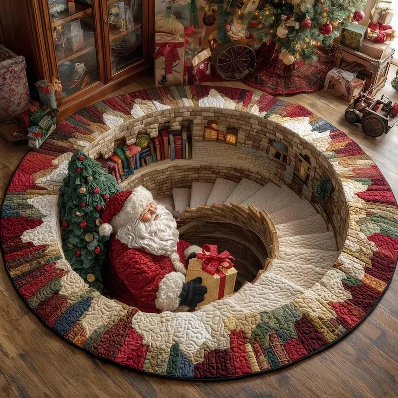 Round Christmas 3D Vortex Illusion Area Rug, Santa Claus Gift Bookcase Patchwork Quilt Print Home Floor Mat