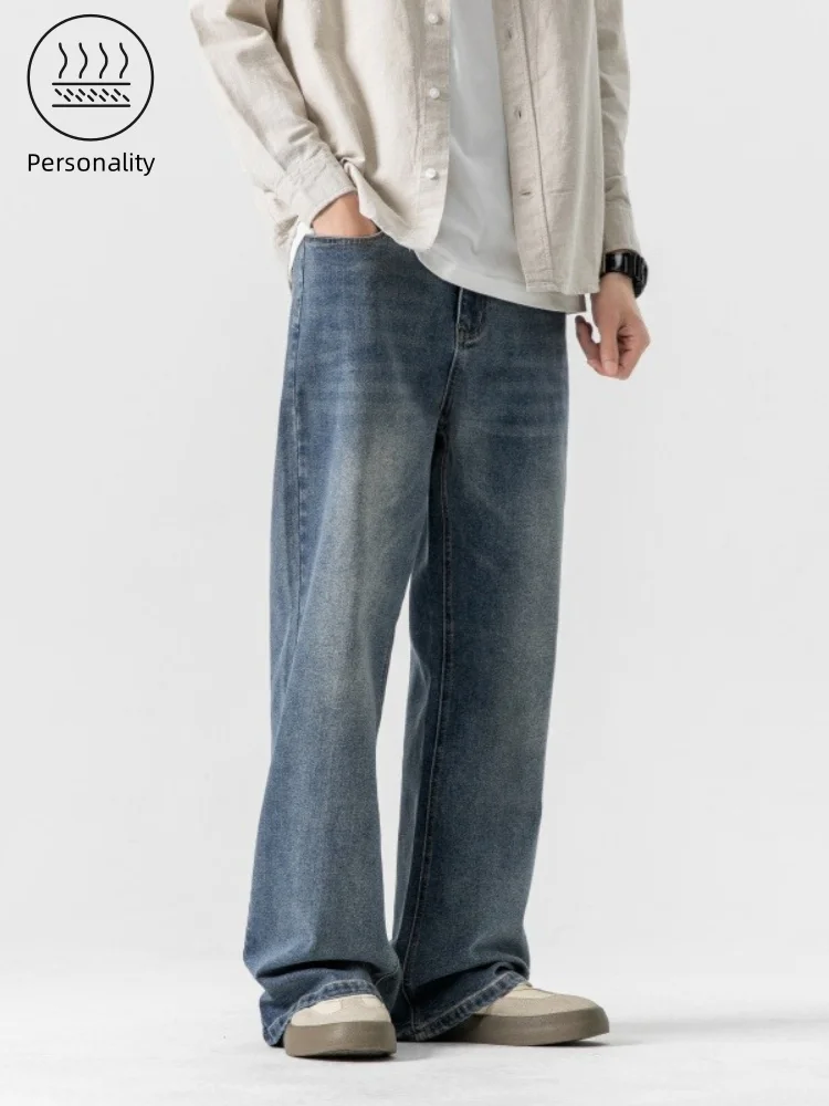 

Повседневные мужские винтажные джинсы, осень 2023, новые прямые свободные брюки, удобные широкие джинсовые брюки, мужская уличная одежда