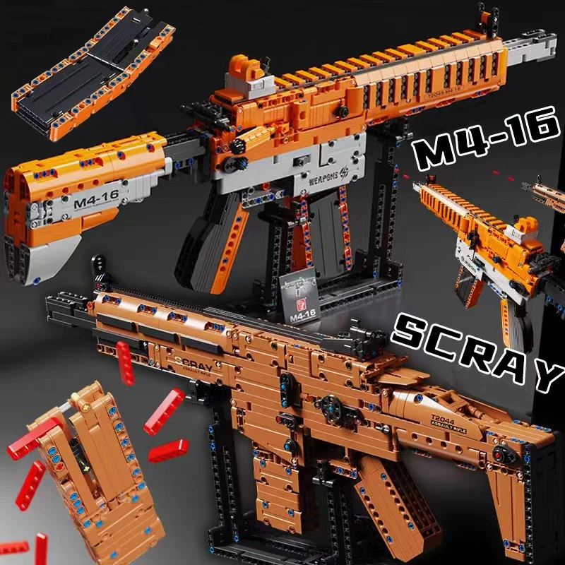 Military SCAR Automatic Rifle Gun Model Building Blocks M416 Submachine Gun Weapon Can Shoot Bullet Bricks Toys For Kid Gift MOC