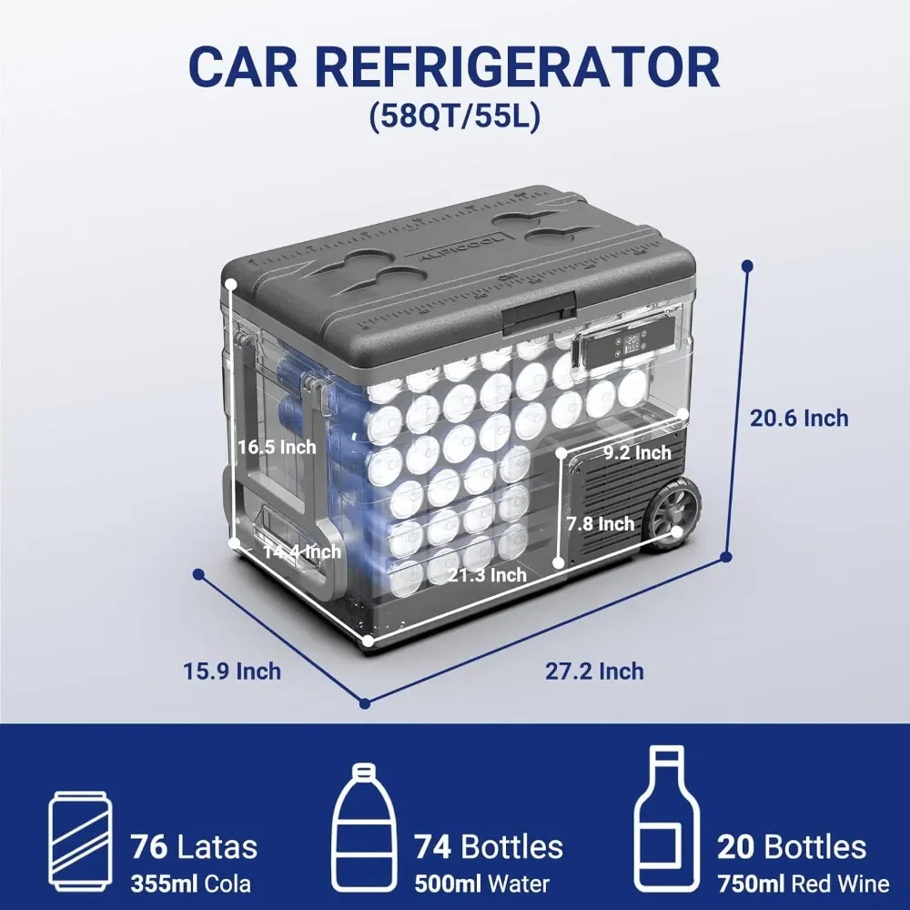 Kulkas mobil 12V, Kulkas mobil 58QT (55L) dengan roda, freezer portabel RV zona tunggal, kontrol aplikasi WiFi