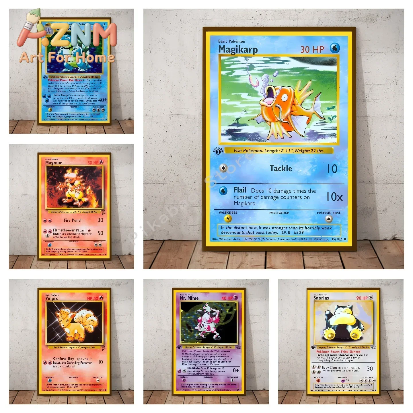 AZNM Vintage Game Trading Card Style Pocket Monster Canvas Wall Art Frameless Anime Character Print Poster for Home Wall Decor