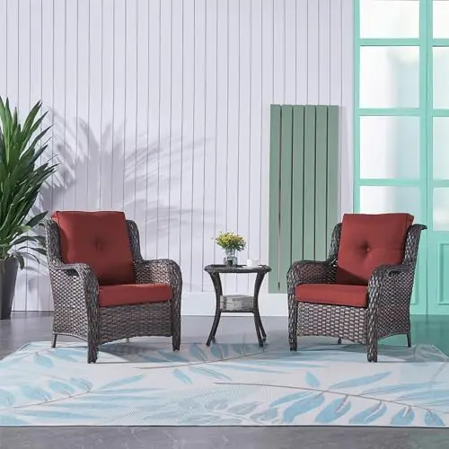 3-Piece Wicker Bistro Set with Chair & Side Table (Brown/Red)