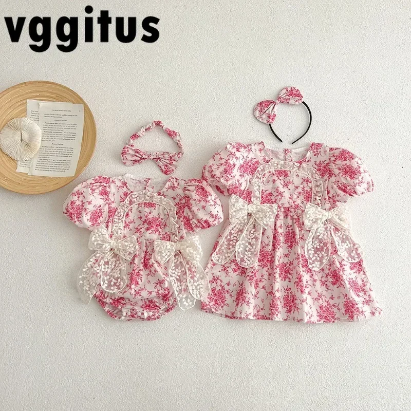 الأسرة مطابقة وتتسابق جديد الصيف طفلة قصيرة الأكمام الأزهار ارتداءها فستان الدانتيل الأخوات التوائم الملابس H4413