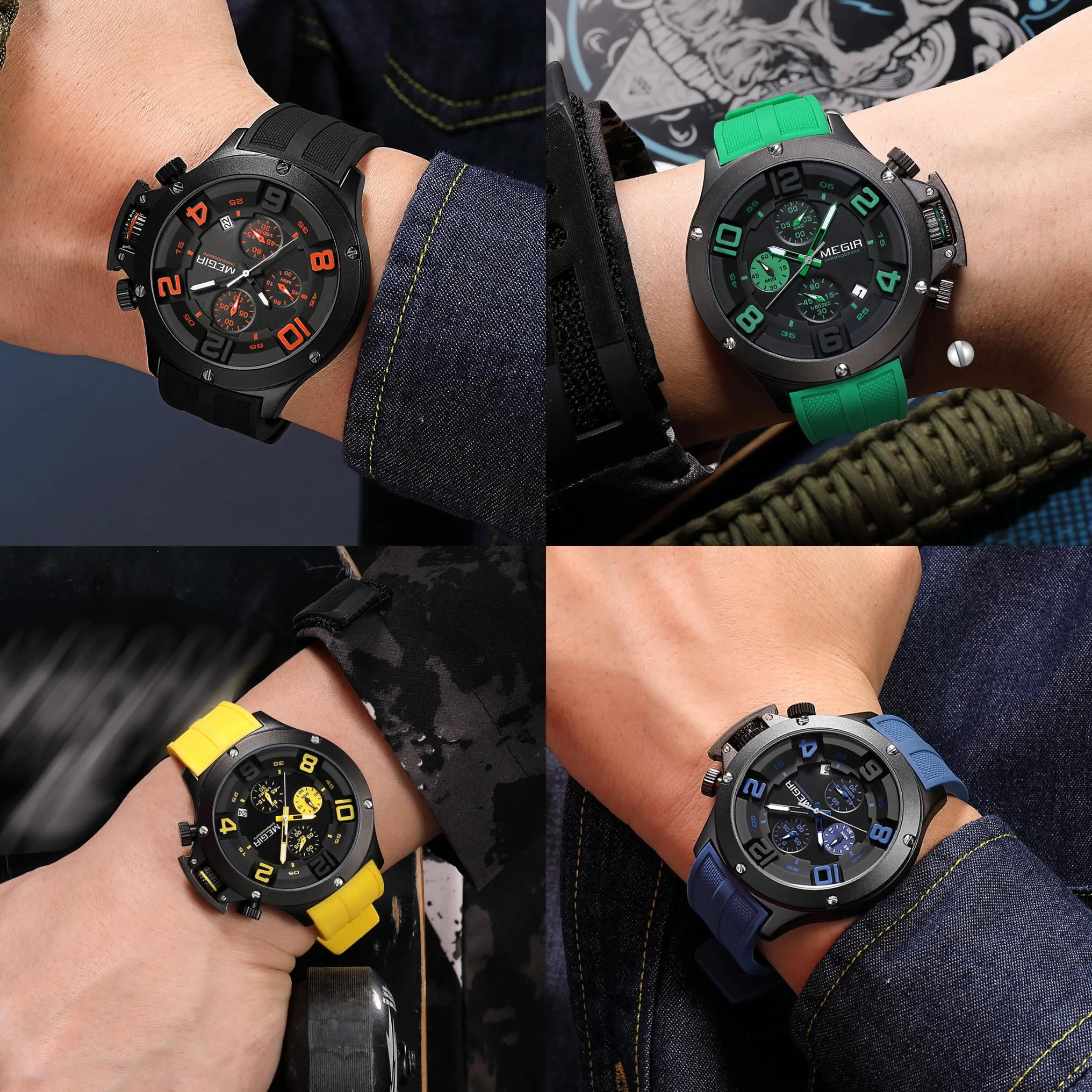 MEGIR Black Silicone Sports Watch Men Military Quartz Wrist Watches Waterproof Luminous Calendar Chronograph Clock Reloj Hombre