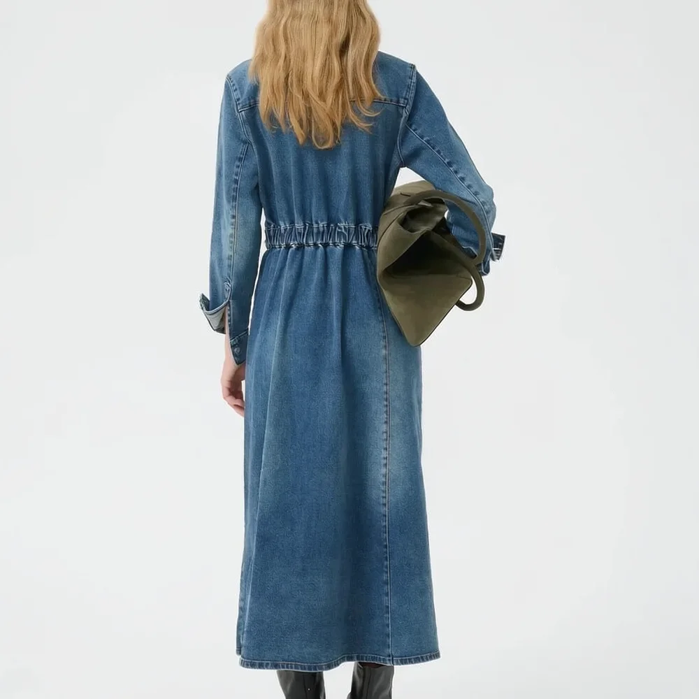 Plus Size Denim Dress Women Casual Long Jean Gown Elastic Slim Fit Princess Sleeve Vintage Style Retro Spring Blue Clothing
