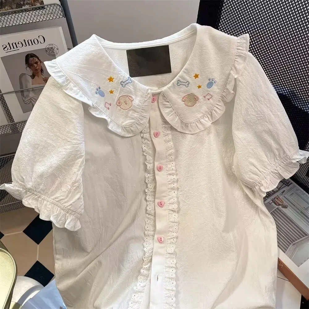 Camicette Lolita carine giapponesi Kawaii Donna Vintage Dolce studentessa Camicie con colletto alla Peter Pan in pizzo Ricamo primaverile Y2k Top Mujer