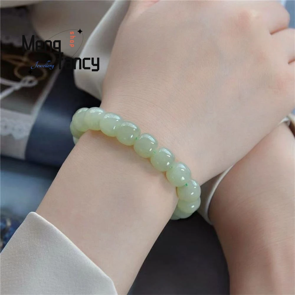 Natural Hetian Verde Jade Buddha Bead String Bracelet, Jóias requintadas, elegante, simples, de alta qualidade, presentes de férias