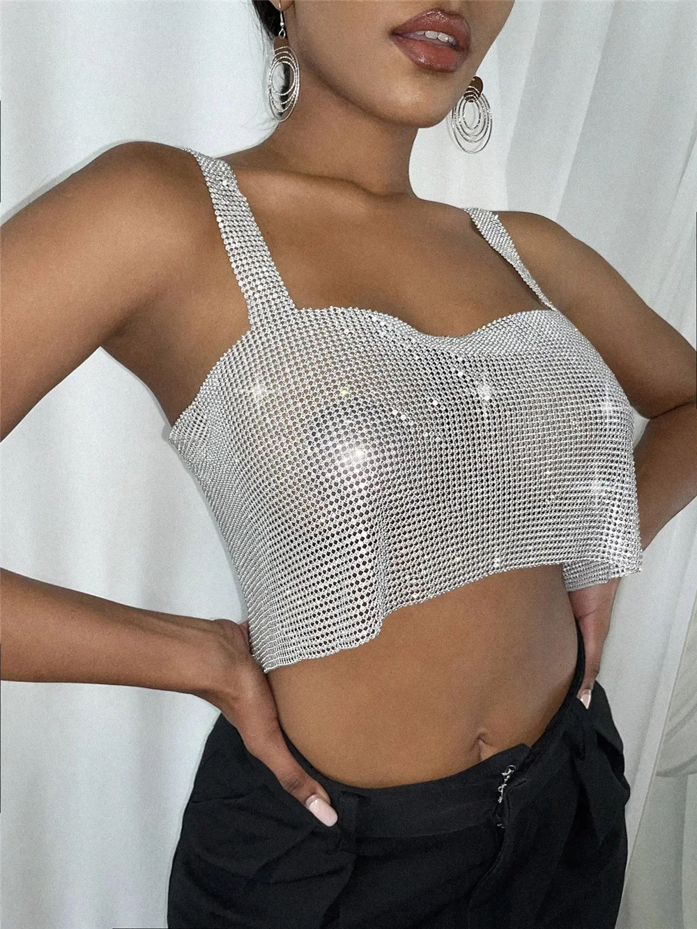 European Station Foreign Trade Women's Clothing Nightclub Back Split Metal Sheet Rhinestone Chain Suspender Tube Top YX625