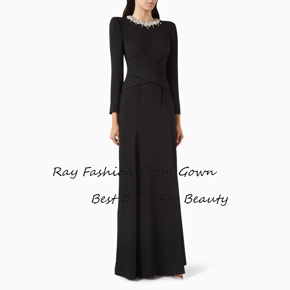 

Ray Fashion Customize A Line Evening Dress O Neck With Full Sleeves Crystal Floor Length For Women Formal Occasion فساتين سهرة