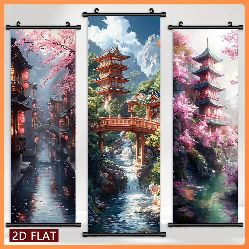 Ancient Style Tower Ancient Town Scroll Tapestry High-Definition And Non Fading Wall Hanging Scroll Painting, Room Decoration
