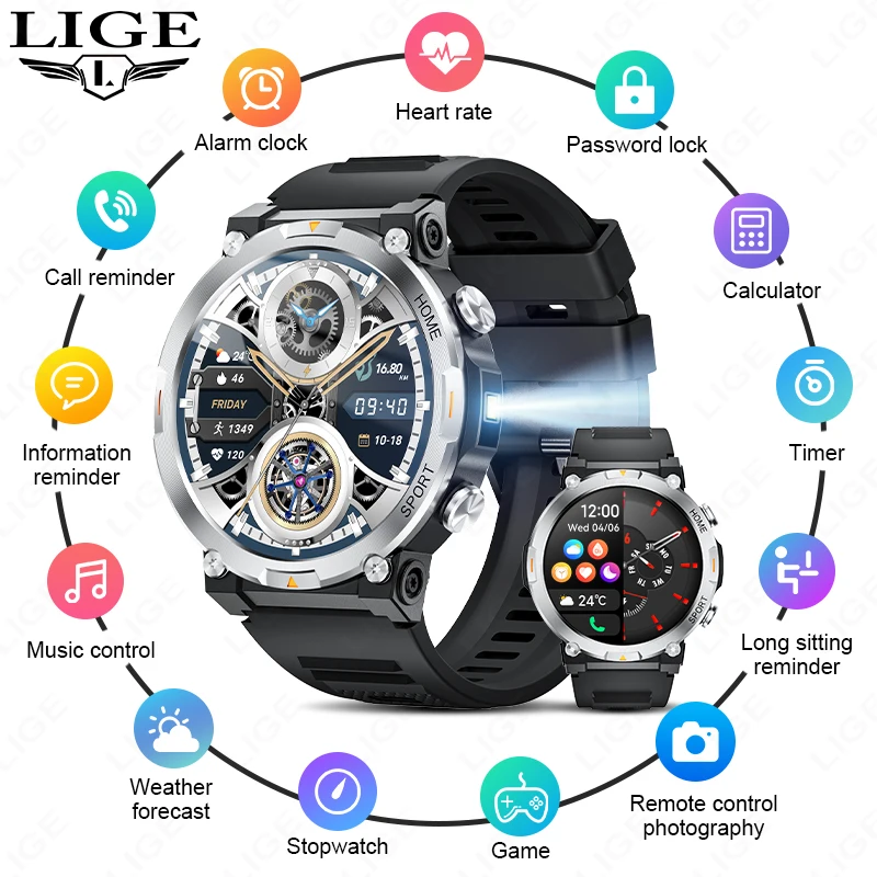 Relógio Inteligente Masculino LIGE com Tela AMOLED de 1,43 Polegadas, Monitoramento de Saúde, Lanterna LED, Chamadas Bluetooth