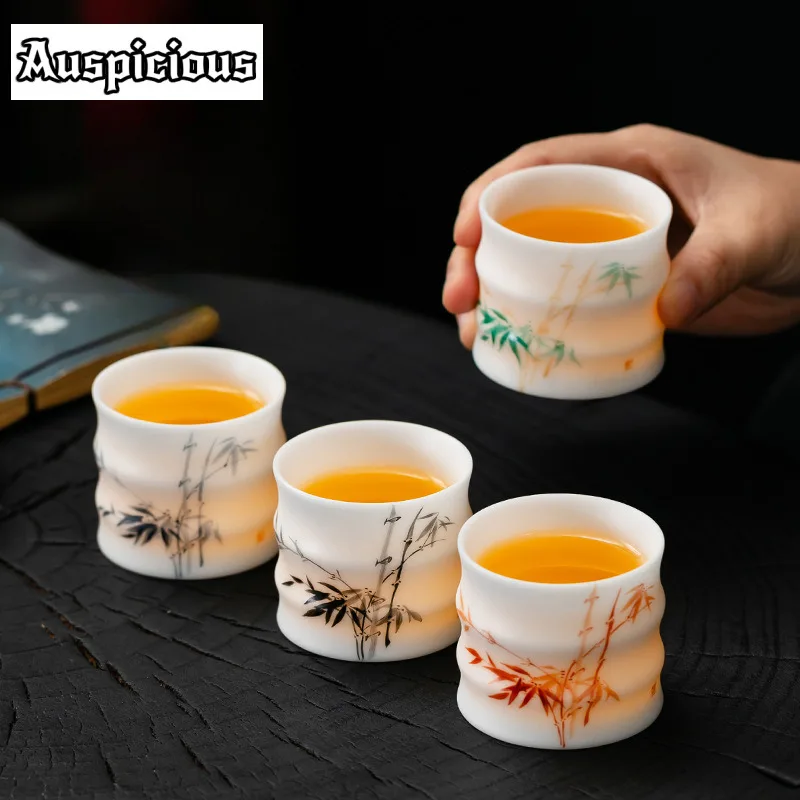 90ml Ice Seed Jade Porcelain Master Cup Hand-painted Bamboo Tea Cup Small Tasting Mug Vintage Tea Pair Smelling Cup Tea Craft