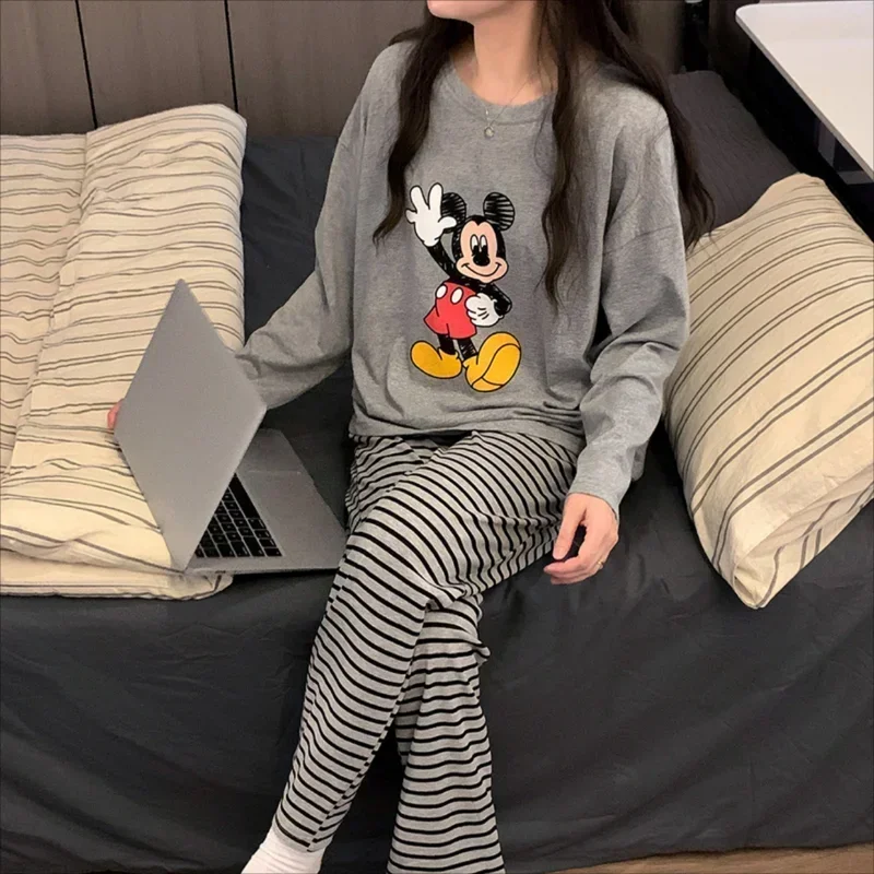 Disney Mickey pigiama autunno puro cotone cartone animato pantaloni a maniche lunghe casual due pezzi set pigiama da donna loungewear set