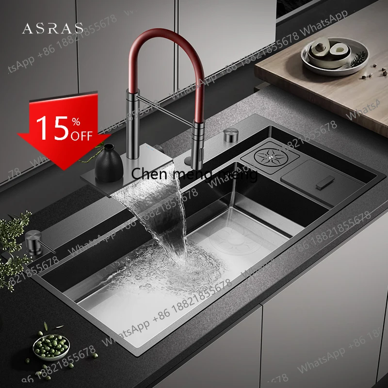 A139 New Large Size Nanometer Waterfall Faucet Kitchen Sinks 4mm Panel Handmade Kitchen Sinks Cup Rinser Sinks